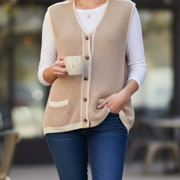 Vtg 90s Eddie Bauer XL Waffle Knit Grandpa Vest Linen Blend Oversized - Picture 9 of 10